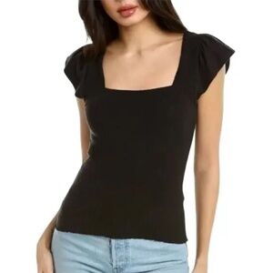 NATION LTD Alicia Black Smocked Ruffle Short Sleeve Square Neck Top Size S